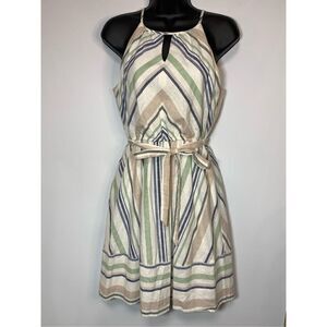 Miami Women's Striped Linen Blend Lined Keyhole Halter Dress Multicolor Small